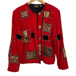 Allure Petite Cardigan Sweater Womens Petite Large Red Animal Print Chenille